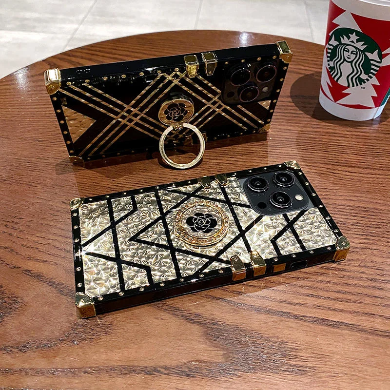 

Gold Upscale Luxurious Ring Holder Square Phone Case For Samsung Galaxy S23 S22 S21 S20 S10 Plus + Ultra Fe Note 8 9 10 20 Cover