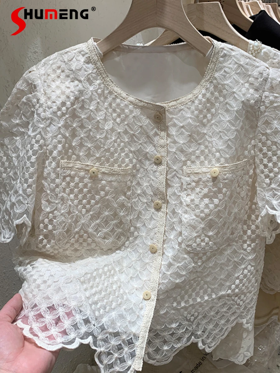 

Office O Neck Crocheted Hollow Out Lace Shirts Ladies 2022 Summer New Woman's Blouse Thin Embroidery Short Sleeve Button Up Tops