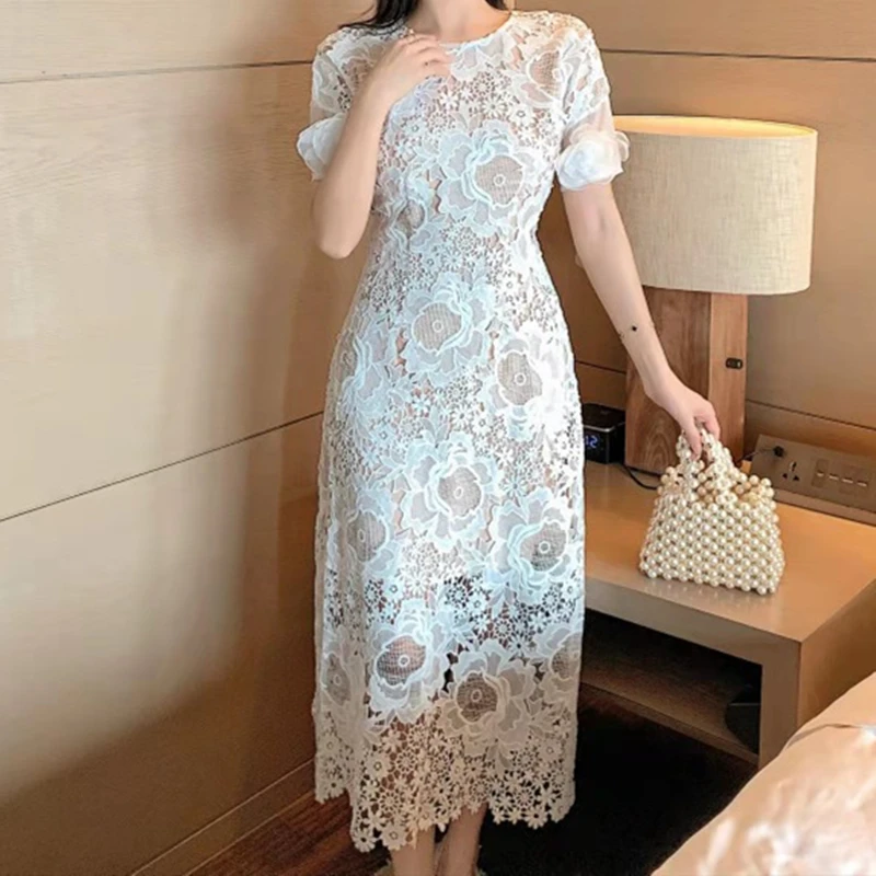 

Short Puff Sleeve Dresses for Women Elegant High Waist Embroidery Lace Solid Woman Dress Party Casual 2022 Summer Vestido Midi