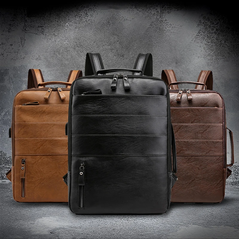 

Business Backpacks For Men Waterproof PU Leather Laptop Bag Large Capacity USB Charging Rucksack Male Fashion Bagpack