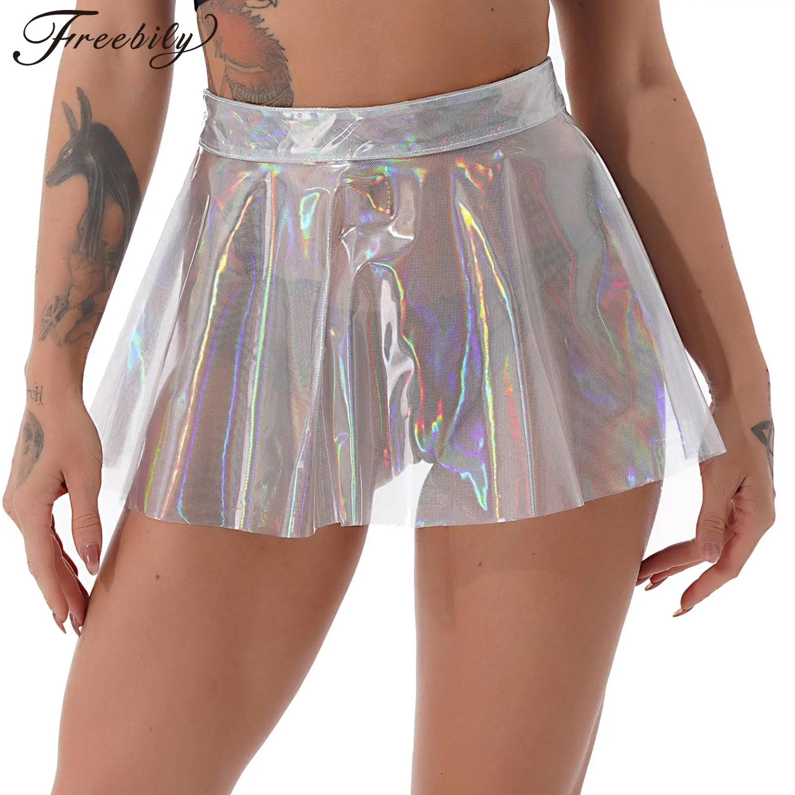 

Women Sexy See-through Flared Mini Skirt Club Pole Dancing Costume Glossy High Waist Zipper Dance Skirt Party Clubwear Dancewear