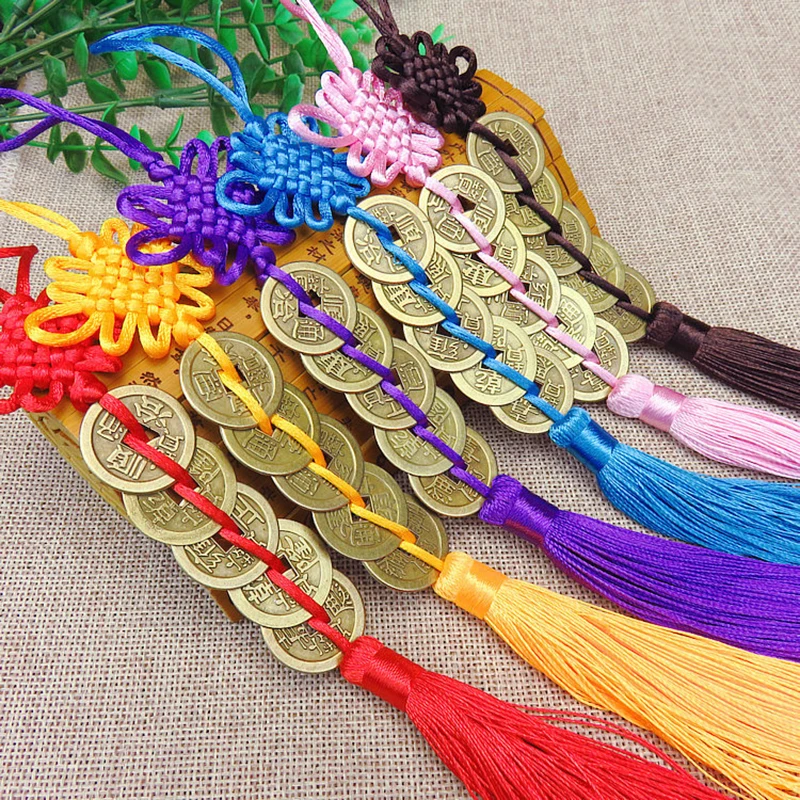 

6Pcs Five Emperors' Bronze Coin and Feng Shui Chinese Knot Pendant, Fengshui Five Emperors Copper Coin Chinese Knot