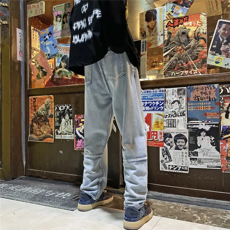 DEEPTOWN Ripped Jeans Men Fake Hole Washed Denim Pants Vintage Straight Trousers Male Loose Casual Streetwear Hip Hop Spring