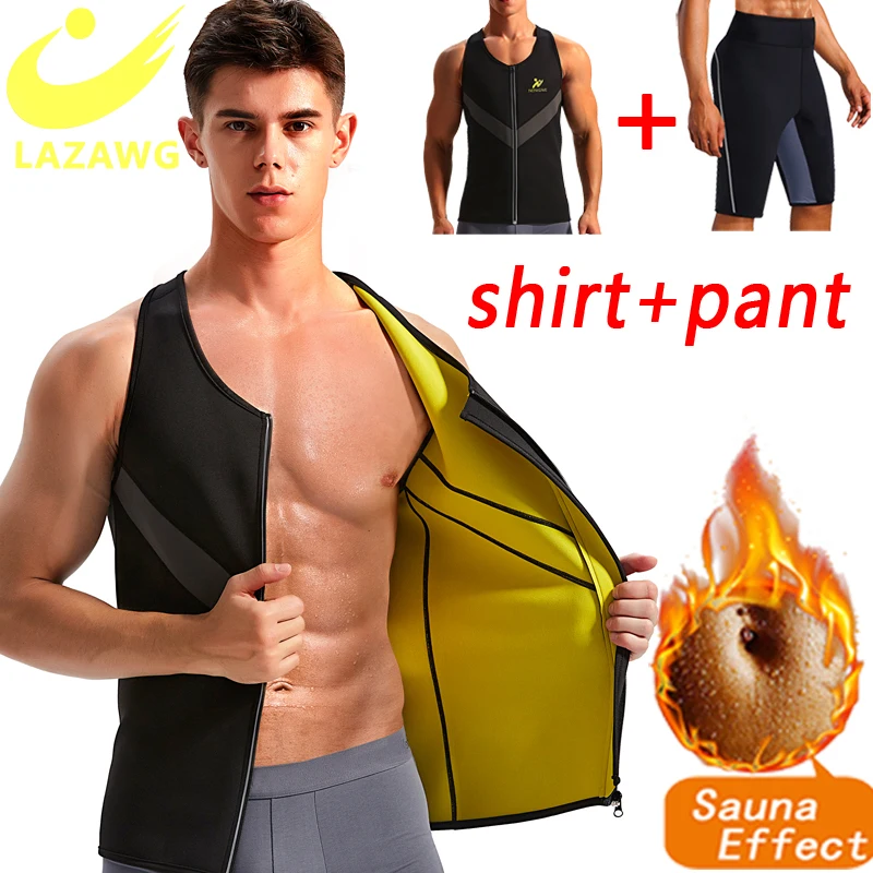 

LAZAWG Hot Thermal Waist Trainer Shirt Men Sweat Sauna Vest Slim Shorts Body Shaper Corset Neoprene Belly Fat Burn Suit Pants