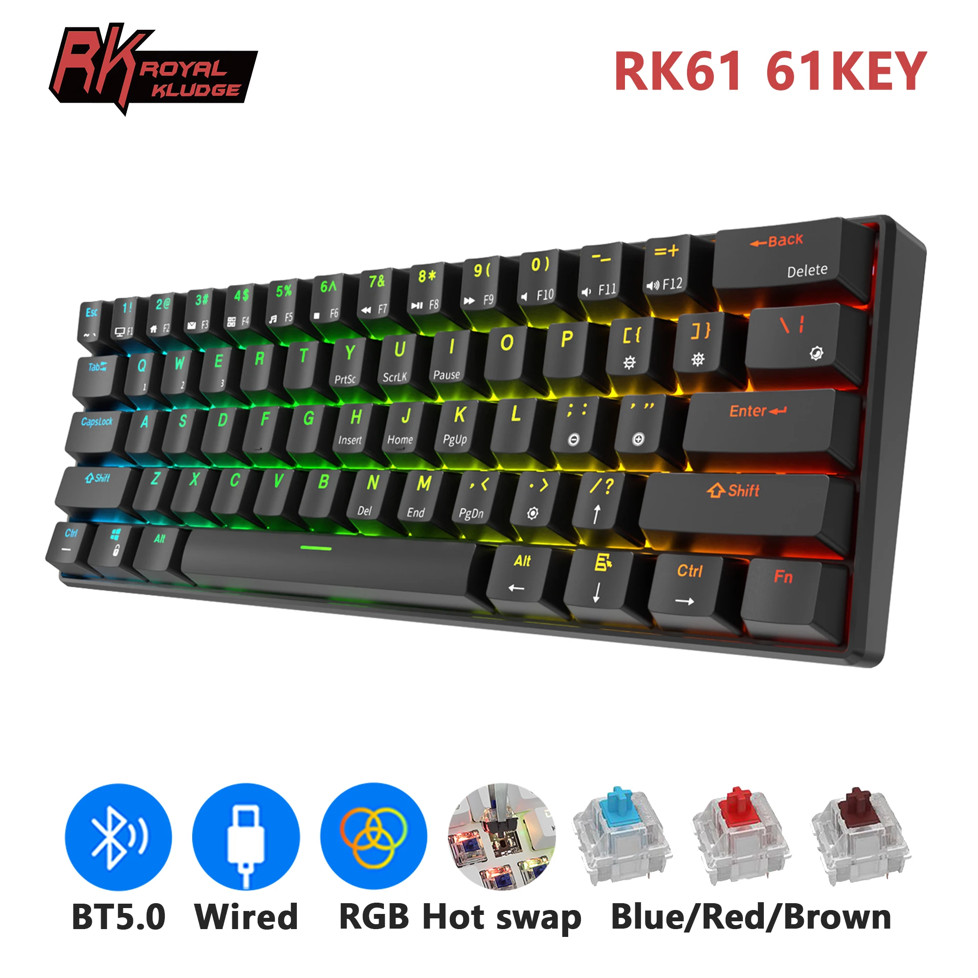 Беспроводная механическая клавиатура ROYAL KLUDGE RK61, Bluetooth, 60% RGB, два режима, BT5.0/USB-C 61 клавиши, популярная мини-клавиатура для геймеров