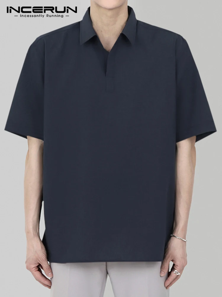 

INCERUN Tops 2022 New Men's Solid Color Comfortable T-shirts Stylish Male Short Sleeved Camiseta Lapel Collar Leisure Tees S-5XL