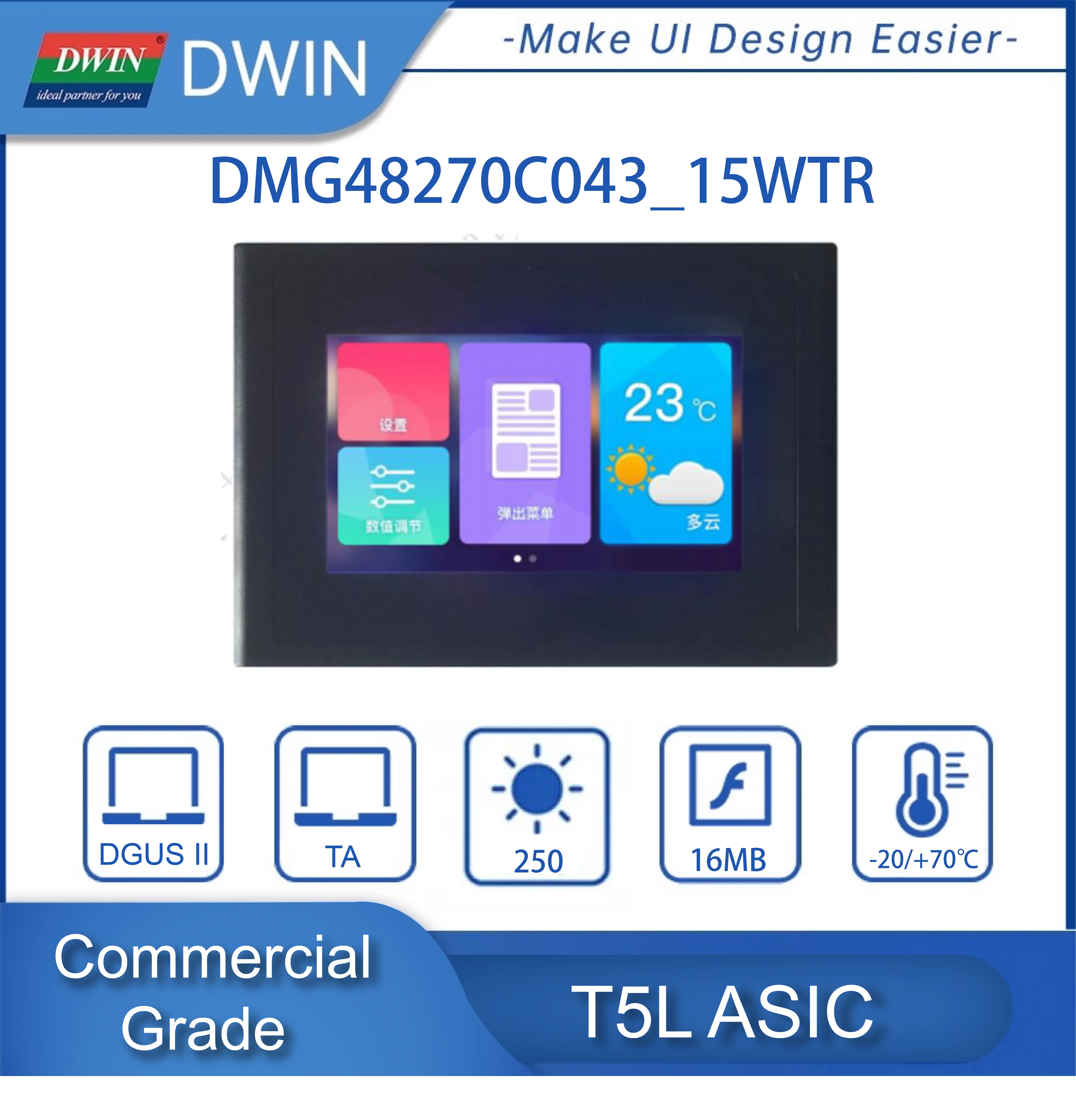 DWIN 4.3 Inch 480*272 Resolution 262K Colors TV-TN-TFT-LCD Resistive Touch Screen With Shell HMI UART Port DMG48270C043_15WTR