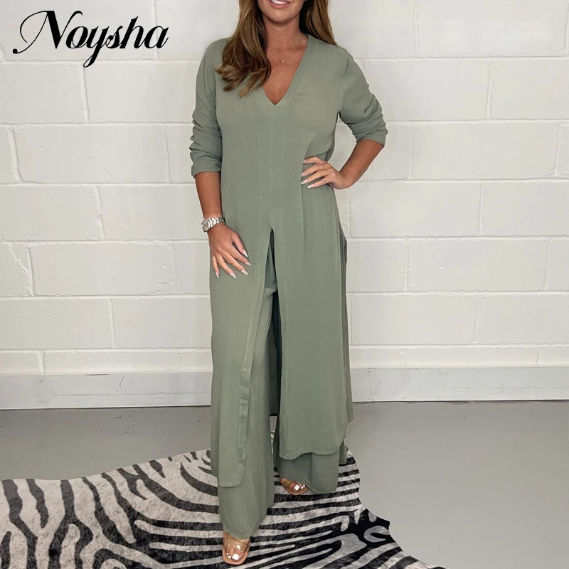 

Summer Outfits for Women Elegant Solid Color V-Neck Suit Women's Spring Fashion Split Design Extended Top Pants Two-piece Set