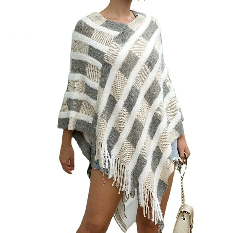 

2022 autumn and winter pullover Korean version new V-neck fringed cape women's casual plaid large size sweater sweater