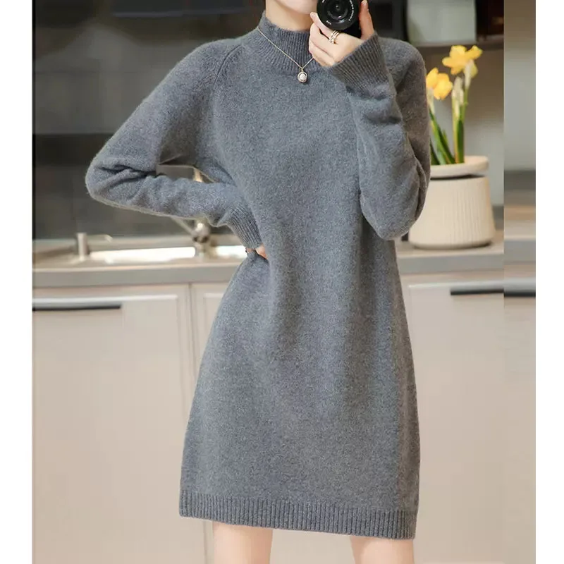 

Fashion Half High Collar Wool Knitted Dress For Women's Clothing Autumn Winter New Loose Sweater Dress jp678
