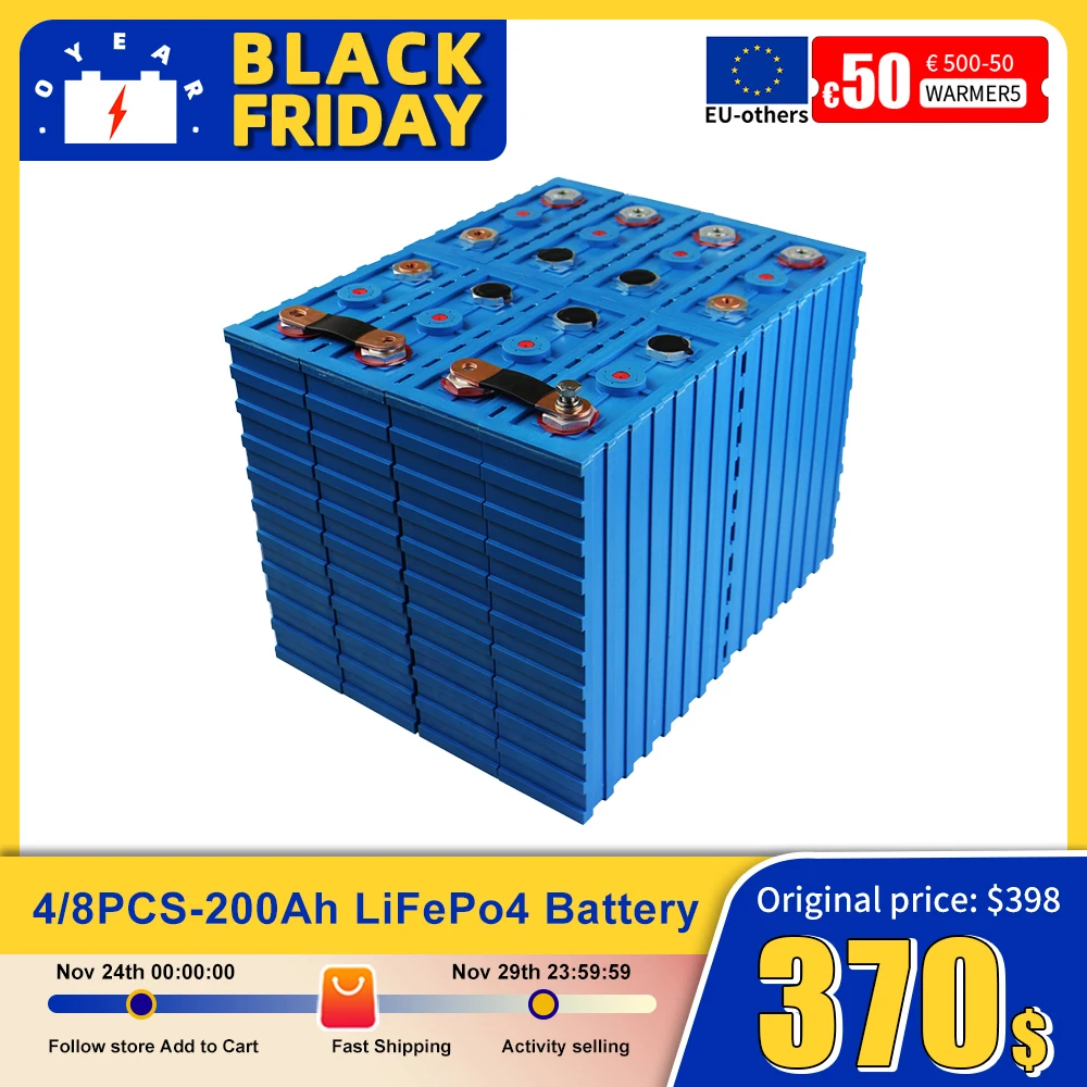 200AH Lifepo4 3.2V Rechargeable Battery Lithium Iron Phosphate Solar Cell 8S 24V Battery Pack With Free Busbars For EV RV Boats