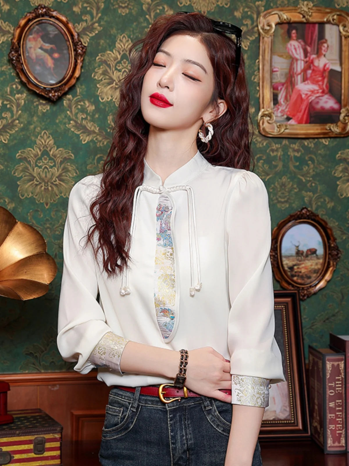 Новинка 2024 китайские рубашки из ацетата с пряжкой в стиле ретро женские