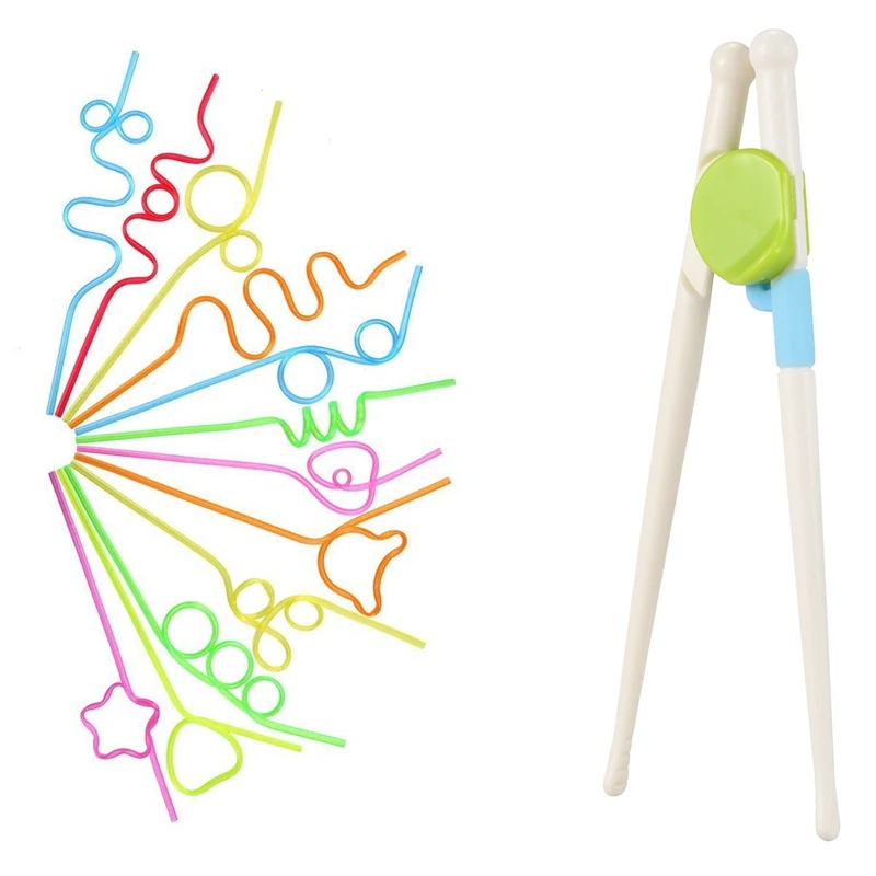 

1 Pair Children Kids Beginner Chopsticks Training & 36X Children's Curly Party Straws, Straw Curling Novel Straws