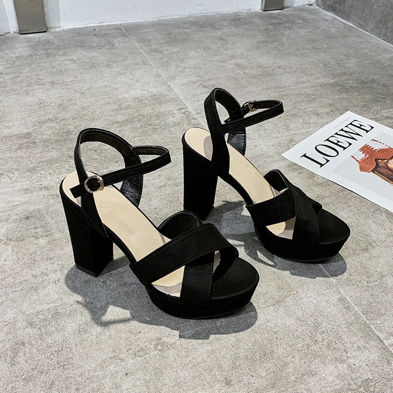 Women Peep Toe Sandals 2023 New Summer Heels Square high Heel Ankle Buckle Hollow Out Shoes pumps black Female Footware