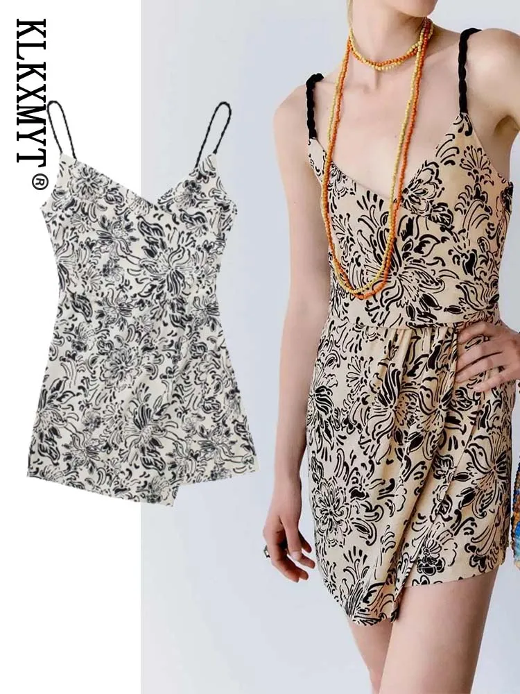 

Zar TRAF Women 2022 Summer Fashion Print Ruffled Playsuits Vintage Backless Zipper Thin Straps Female Jumpsuits Mujer