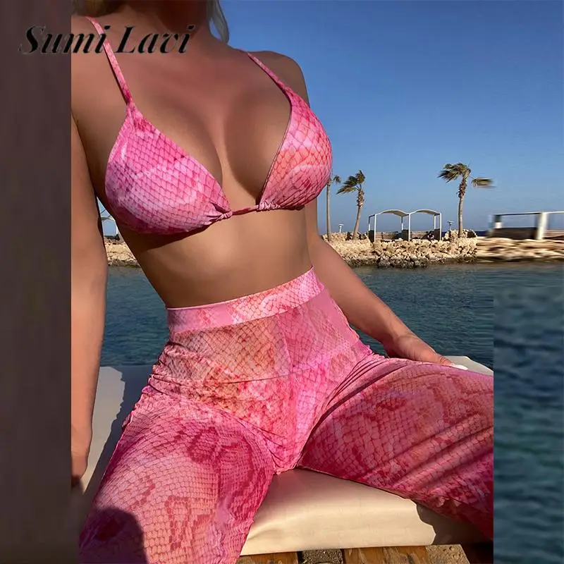 

INS Snakeskin Print 3 Pieces Swimsuit Fashion Top Bra and Thong and Trousers Set Sexy Sling Backless Lace Up Holiday Beachwear