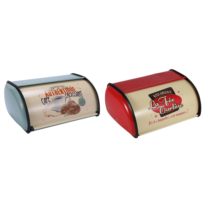 

2 Pcs French Vintage Bread Box Storage Bin Rollup Top Light Coated Bread Iron Snack Boxes Blue-Green & Red