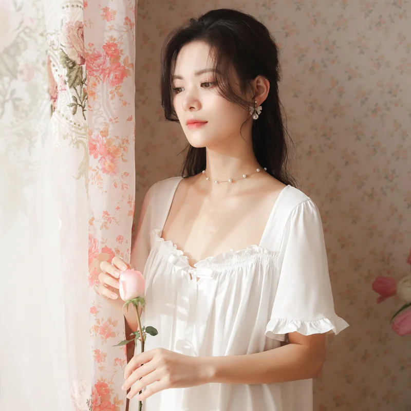 Women Cotton Night Dress Summer Sweet White Ruffle Short Sleeve Nighty Victorian Nightdress Vintage Nightgown Princess Sleepwear