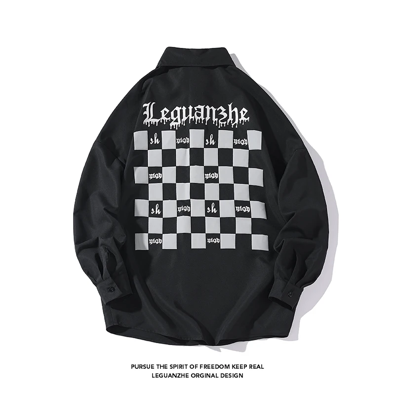 

Autumn Letter Printing Shirt Korean Punk Style Black and White Shirt Long Sleeve Men Women Youth College Style Checkerboard Top