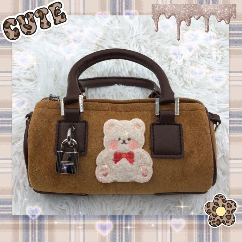 

Fashion Women Harajuku Kawaii Crossbody Cylinder Bags Vintage Cute Bear Shoulder Bag Small Cell Phone Handbag For Girls Purses