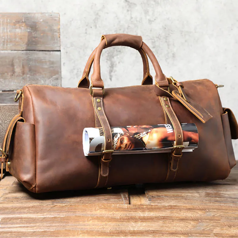 Luufan Vintage Men's Genuine Leather Travel Bags Women Vintage Leather Travel Duffle 50cm Big Size Luggage Bgs For Male Handbag