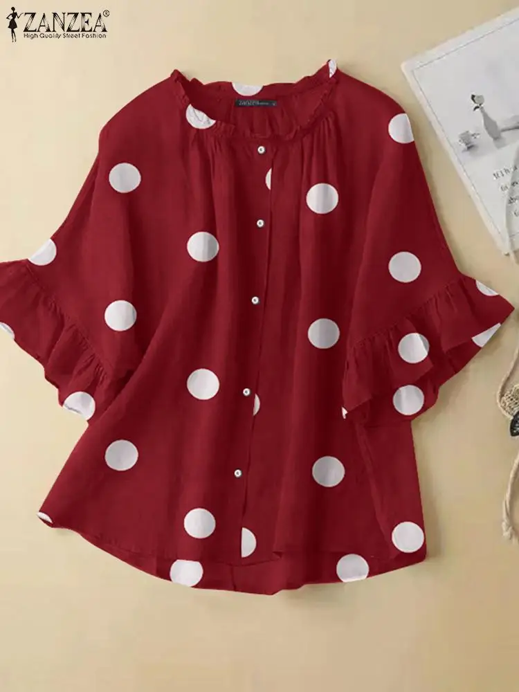 

ZANZEA Summer Short Sleeve Ruffles Hem Blouse Women Bohemian Polka Dot Printed Shirt Casual Holiday Beach Blusas Tunic Tops