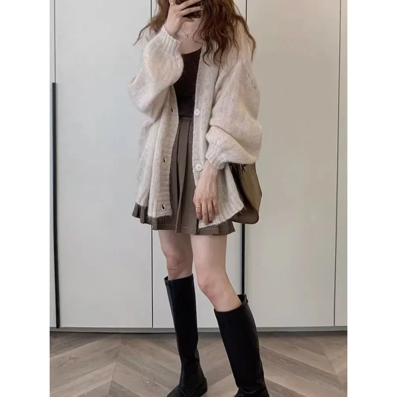 Женский вязаный кардиган мягкий Свободный кофейного цвета тонкий пуловер