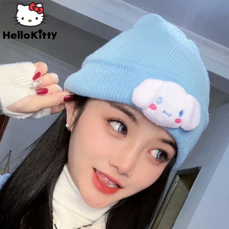 Sanrio Hello Kitty Bonnet Cinnamoroll Melody Kuromi Kawaii Y2k Sweet Women Beanies New Wool Knitted Hat Versatile Student Winter