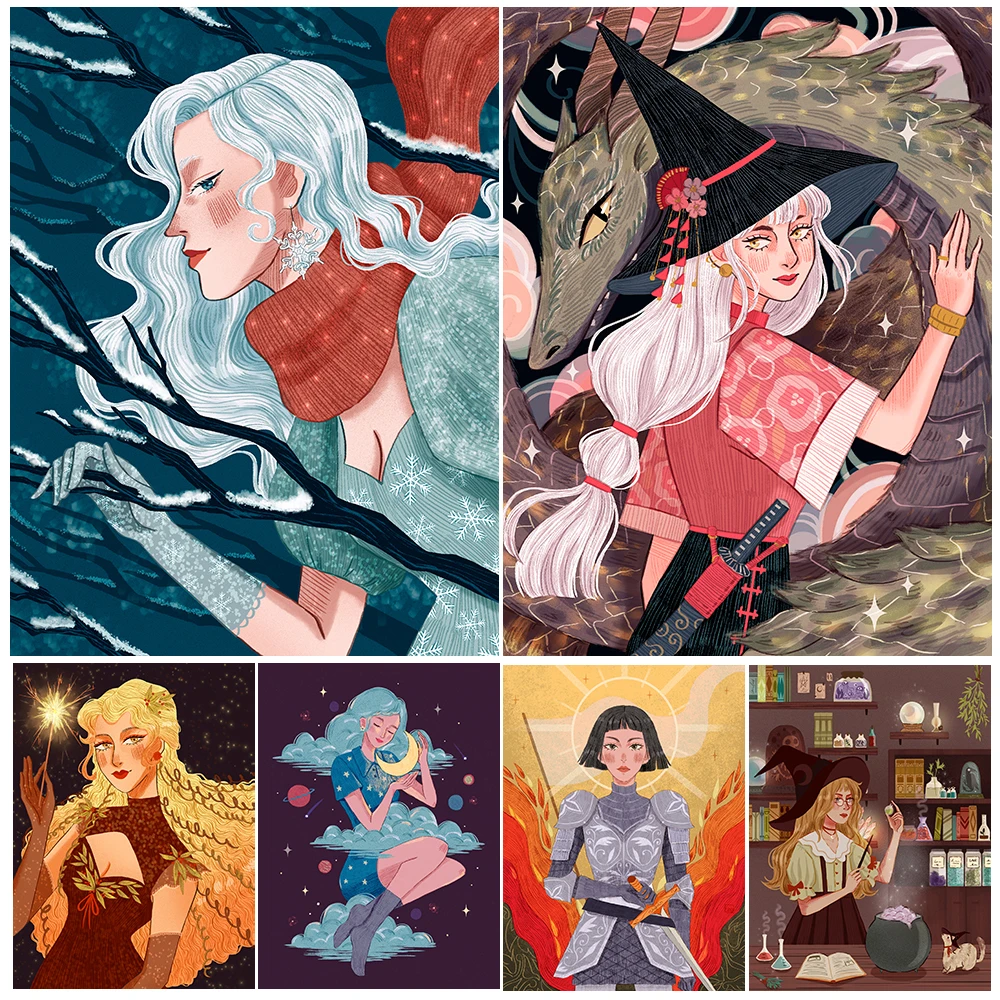 

Magic Witch Wizard And Winter Goddess Vintage Wall Art Canvas Painting The Witches Magic Of The Four Seasons Poster Print Decor