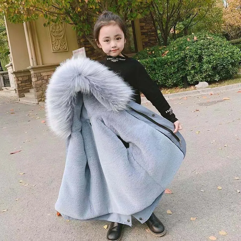 New Autumn Winter Faux Fur Coat For 3T 4 6 8 10 12 14Year Children Warm Outerwear Baby Girl Windproof Winter Hooded Jacket Coat