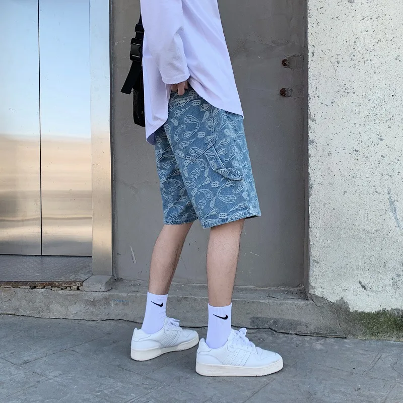 Summer Ins Cashew Flower Print Loose Denim Shorts Men's Korean Fashion Hip-hop Bf Five-point Thin Casual Denim Jeans Streetwear