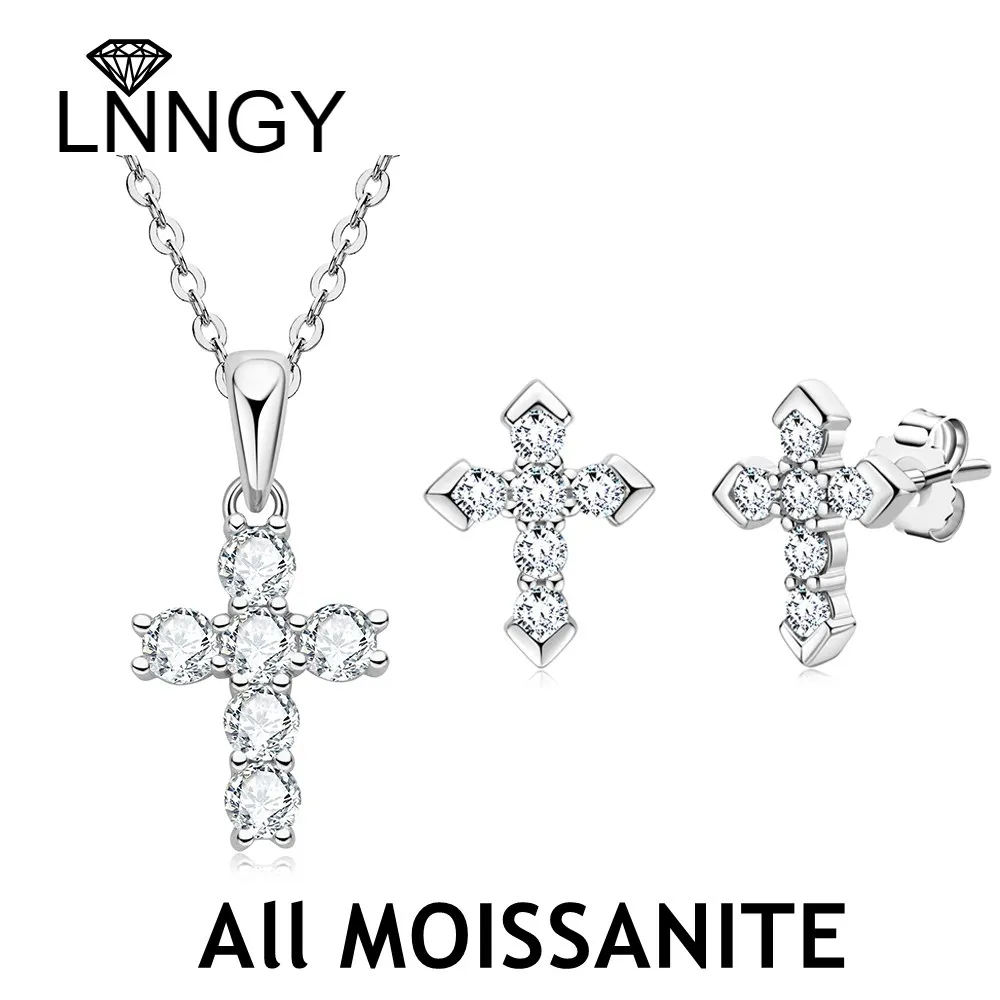 

Lnngy D-color Round Cut Moissanite Retro Cross Pendant Necklace Earring For Women Men 925 Sterling Silver Wedding Jewerly Set