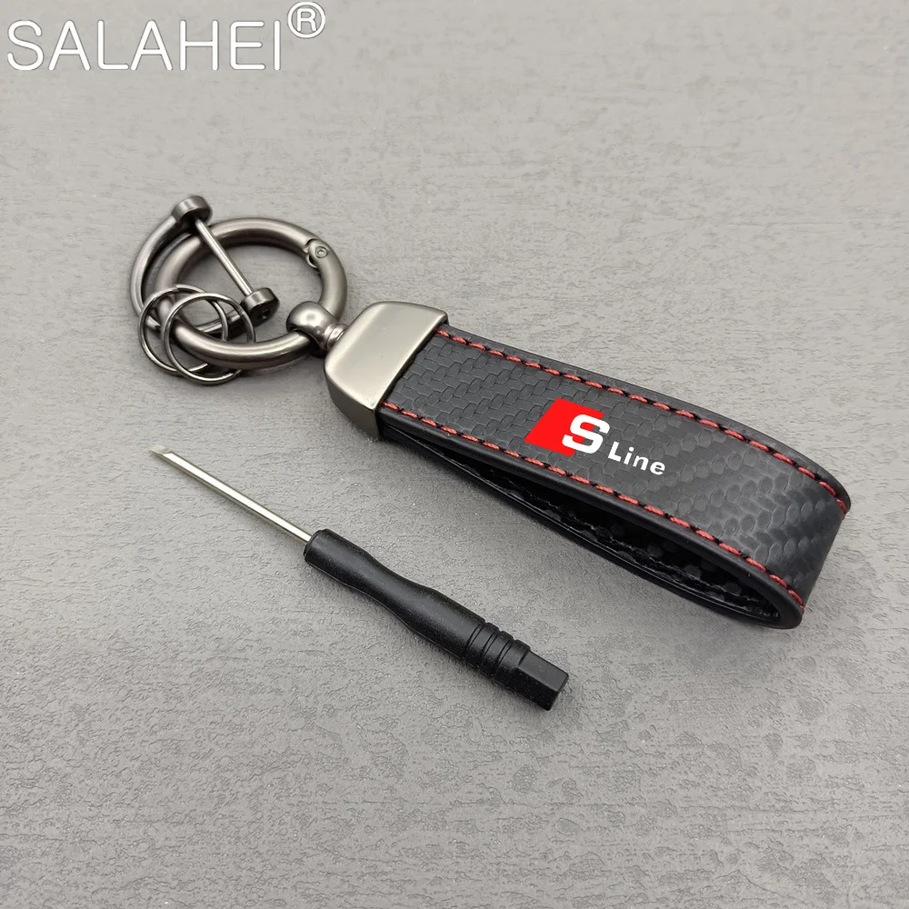 

Men High-end 4S Gift Pendant Leather Car Carbon Keychain For Audi RS SLine Logo Auto Styling Metal Keyring Accessories Key Chain