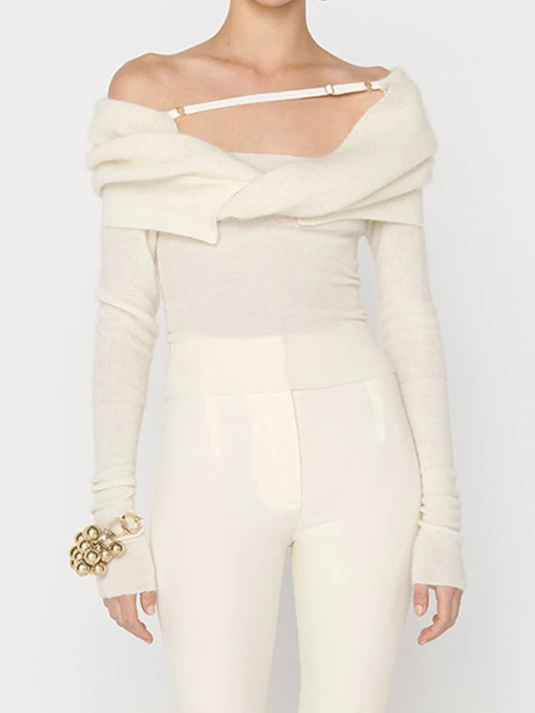 

Новинка Осень-зима 2021 Вязаный топ с узлом на одно плечо пуловер свитер