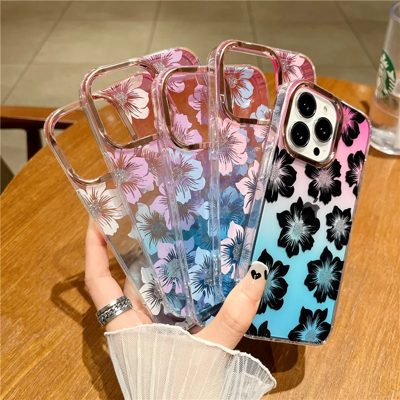 

Luxury Fashion Flowers Glitter Phone Case For iPhone 14 Pro Max 13 12 11 14 Plus Gradient Transparent Soft Shockproof Back Cover