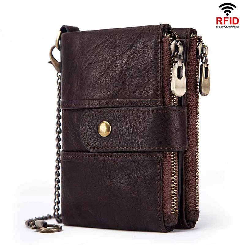RFID Anti-theft Brush Wallet Real Leather Bag Multi Functional Buckle Zipper Retro Crazy Horse Cowhide Men's Bag Casual Wallet