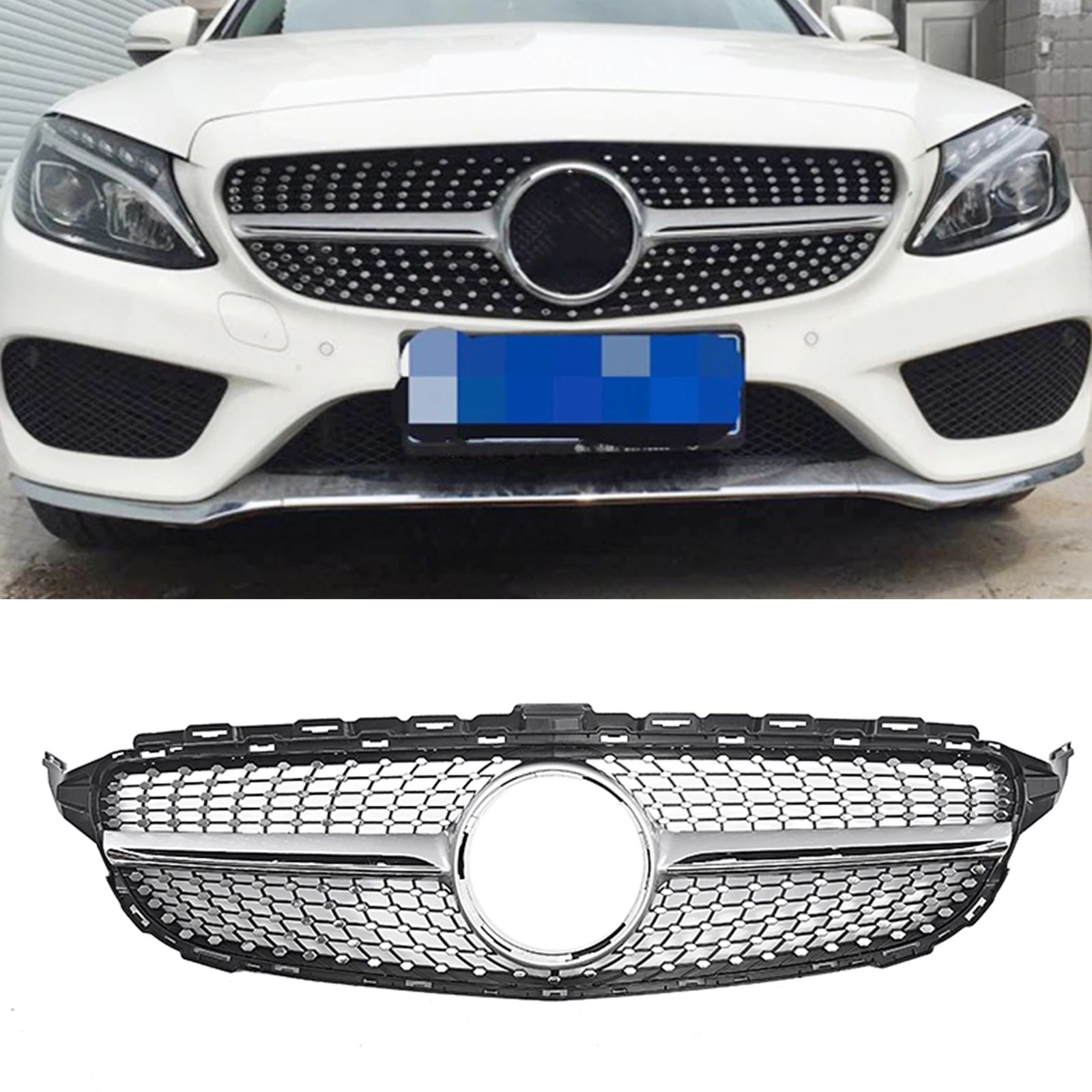 

Front Grille Grill For Mercedes-Benz W205 C Class 2014-2018 C200 C250 C300 Diamond Style Silver Car Upper Bumper Hood Mesh Grid