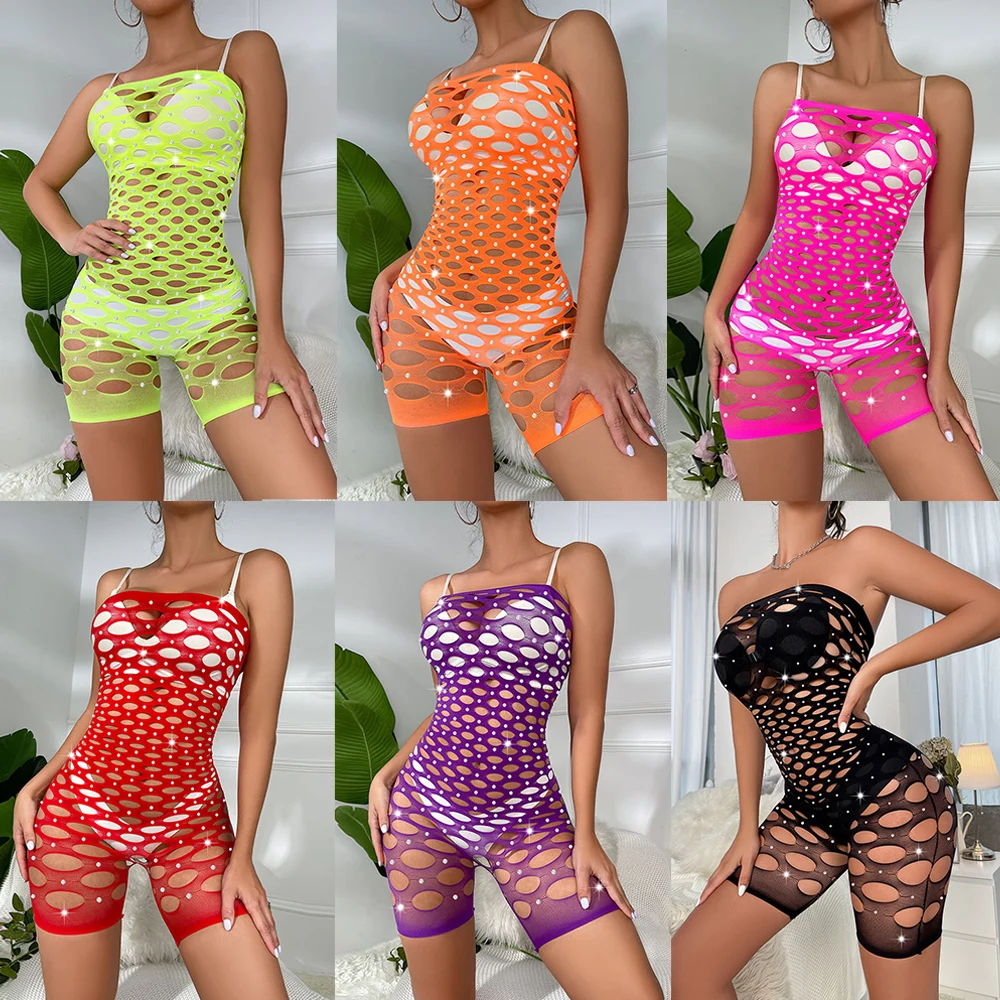 

Shiny Exotic Babydoll Fishnet Tights Bodysuit Sleepwear Sexy Lingerie Rhinestone Body Stocking See Through Hollow Out Nightwear