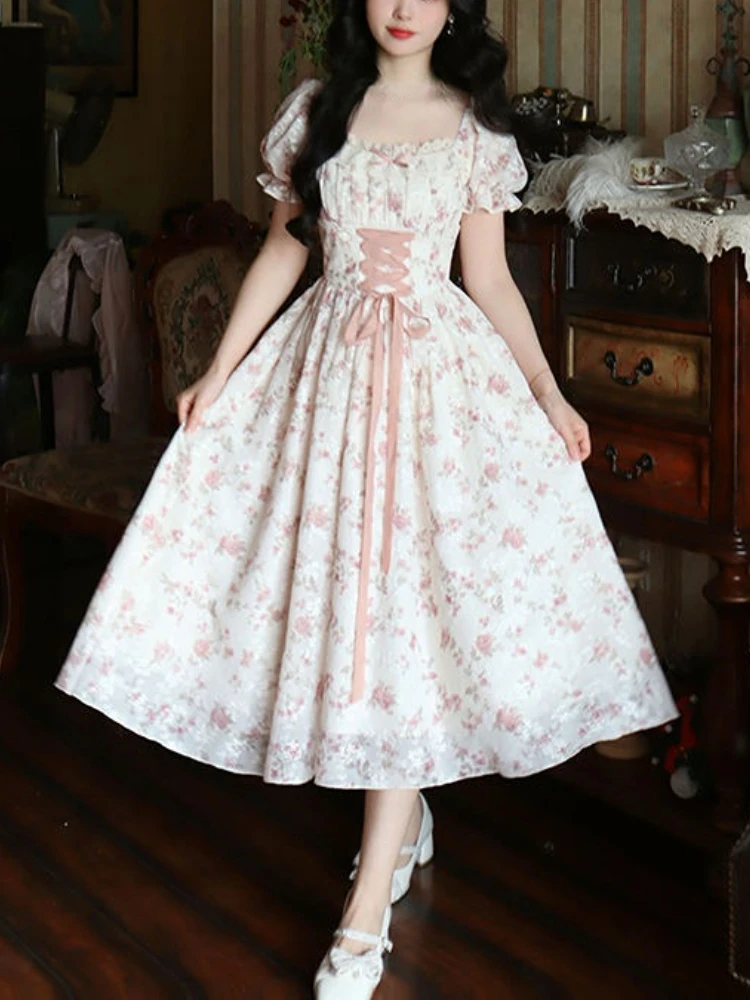 

2023 Women Summer Princess Kawaii Floral Print Dress Female Korean Fashion Lace Fairy Dress Square Collar Bandage Sweet Dresses