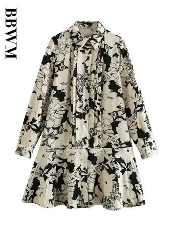 2023 Fashion Vintage Long Sleeve Print Women Shirt Dress A Type Hem Casual Holiday Office Mini Chic Female Dresses Vestidos
