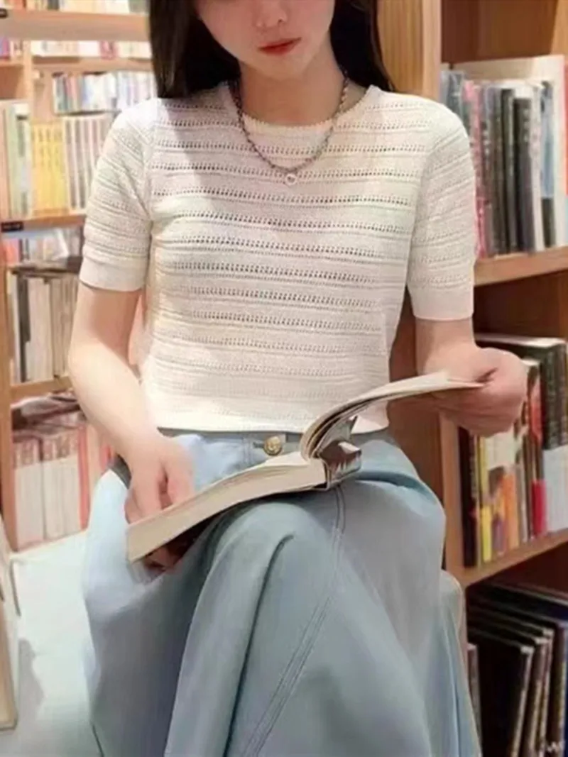

Women O-Neck T-Shirt Niche French Short-Sleeve Hollow Out Casual Elegant Tee Tops for Ladies 2022 Summer New