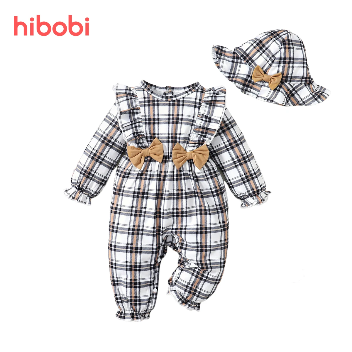 

hibobi Baby Girl Romper Plaid Bowknot Decor Toddler Jumpsuit With Hat Infant Clothes for Newborn 0-18M