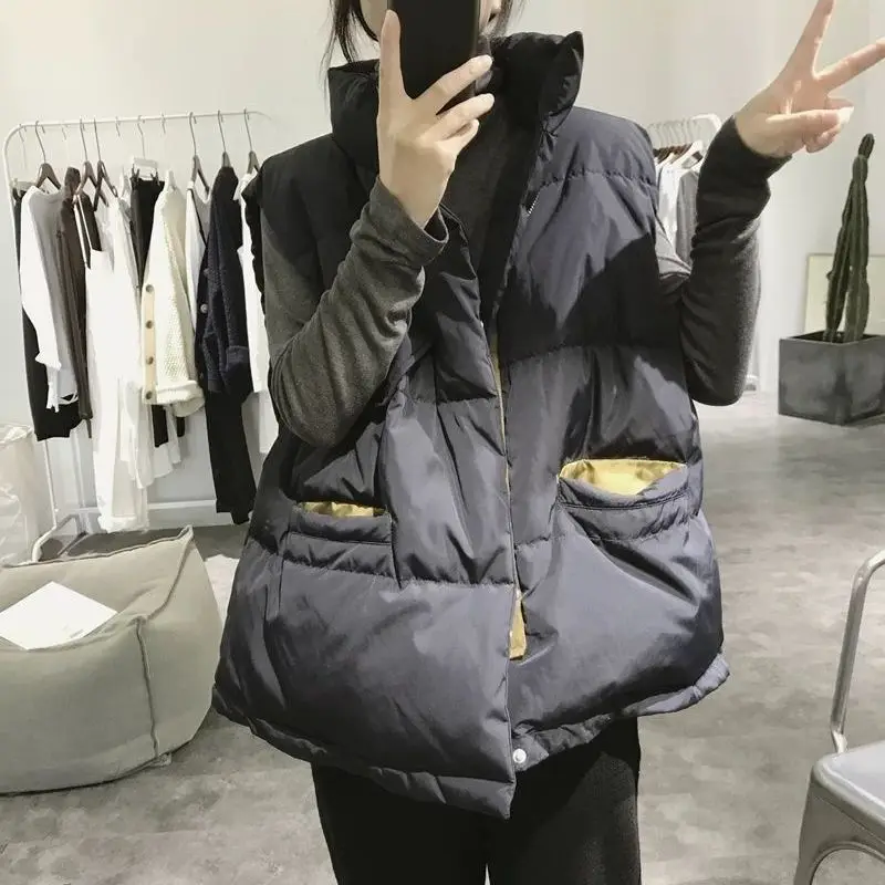 2022 Autumn Winter Loose Vest Women Cotton Puffer Solid Sleeveless Parkas Jacket Female Casual Stand Collar Warm Vest Plus Size