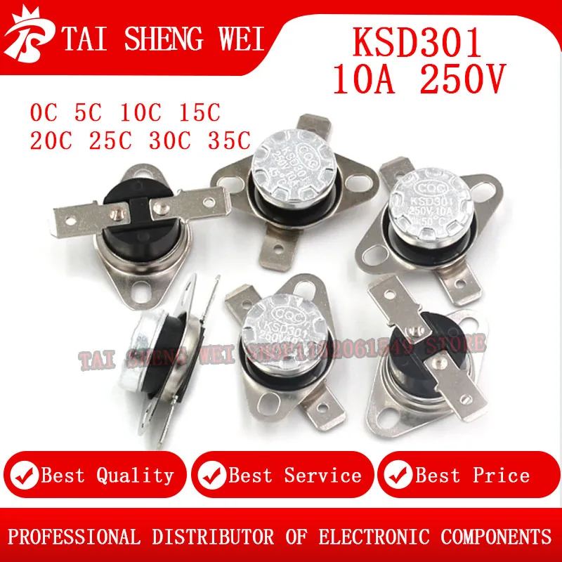 

2pcs Bimetal Thermostat KSD301 10A 250V Normally close 0C 5C 10C 15C 20C 25C 30C 35C Temperature Switch Thermal Control