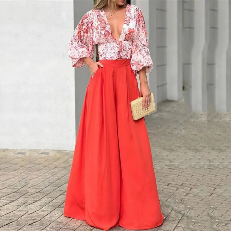 

Women Autumn Casual Puff Sleeve Party Suit Office Straight Elegant Outfit Print Deep V Top + Wide Leg Pants Fashion 2pc Set 2022