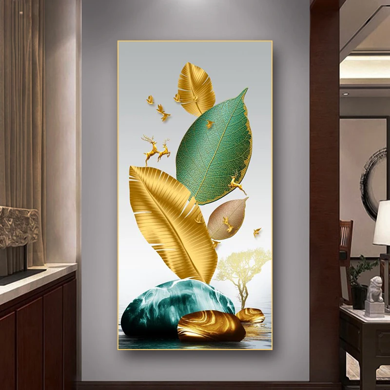 Скандинавские абстрактные перья золотисто-желтые плакаты с оленем принты Холст