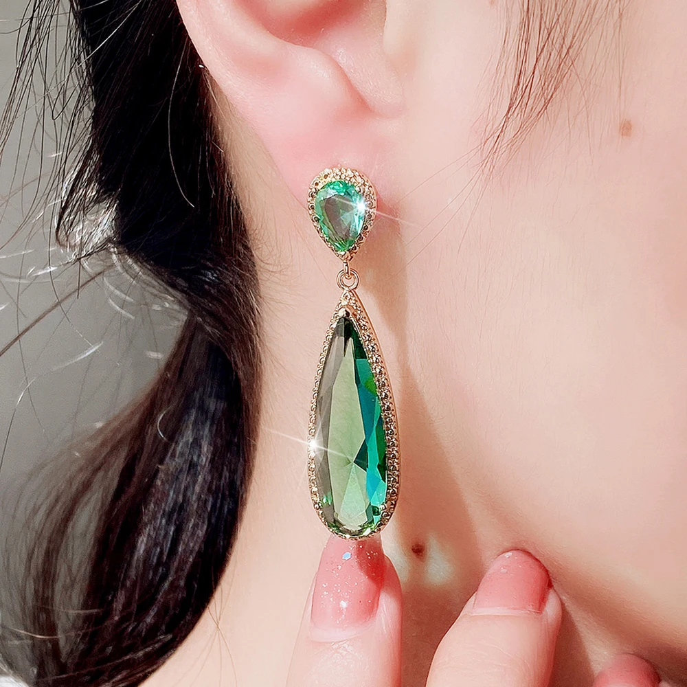 

Huitan Gold Color Green/Purple Water Drop Cubic Zirconia Women Hanging Earrings Fashion Contracted Design Luxury Female Jewelry