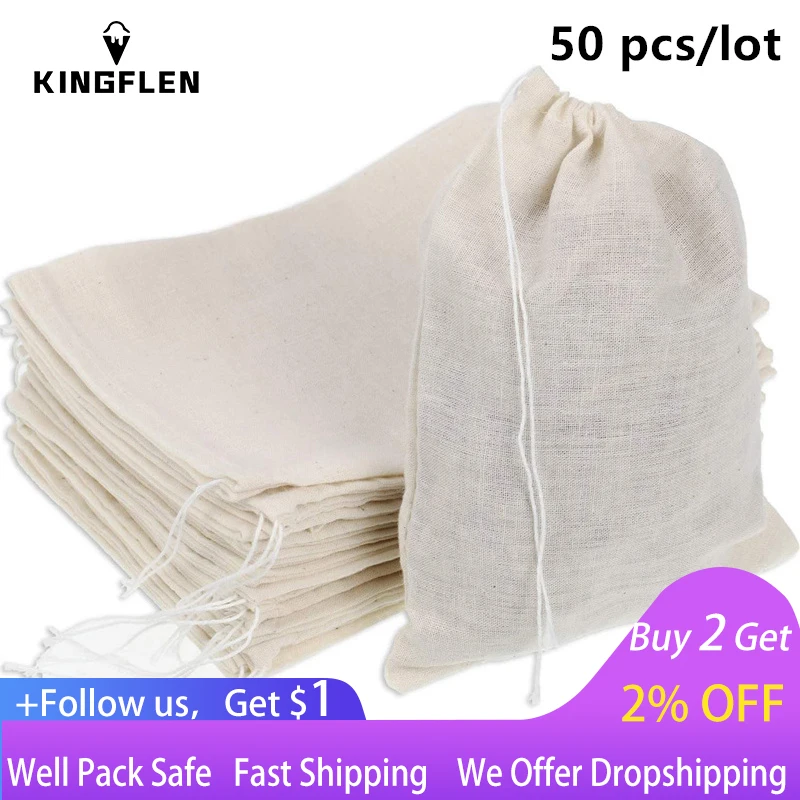 

50 Pcs/Lot Cotton Drawstring Tea Bags Food Rice Wheat Storage Muslin Pouches Multi Size Kitchen Home Organizer Dustbags