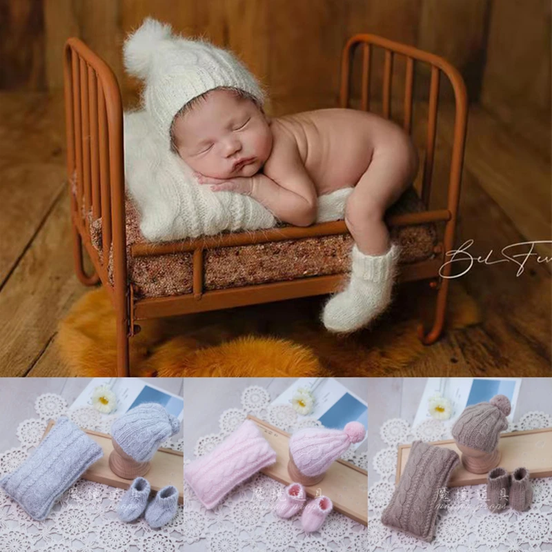 Dvotinst Newborn Baby Photography Props Handmade Knitted Soft Hat Pillow Socks 3-piece Accessories Studio Shoots Photo Props