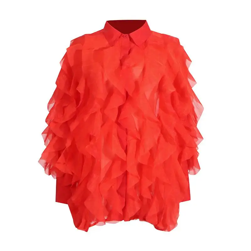 Женская блузка с оборками и длинным рукавом свободного покроя